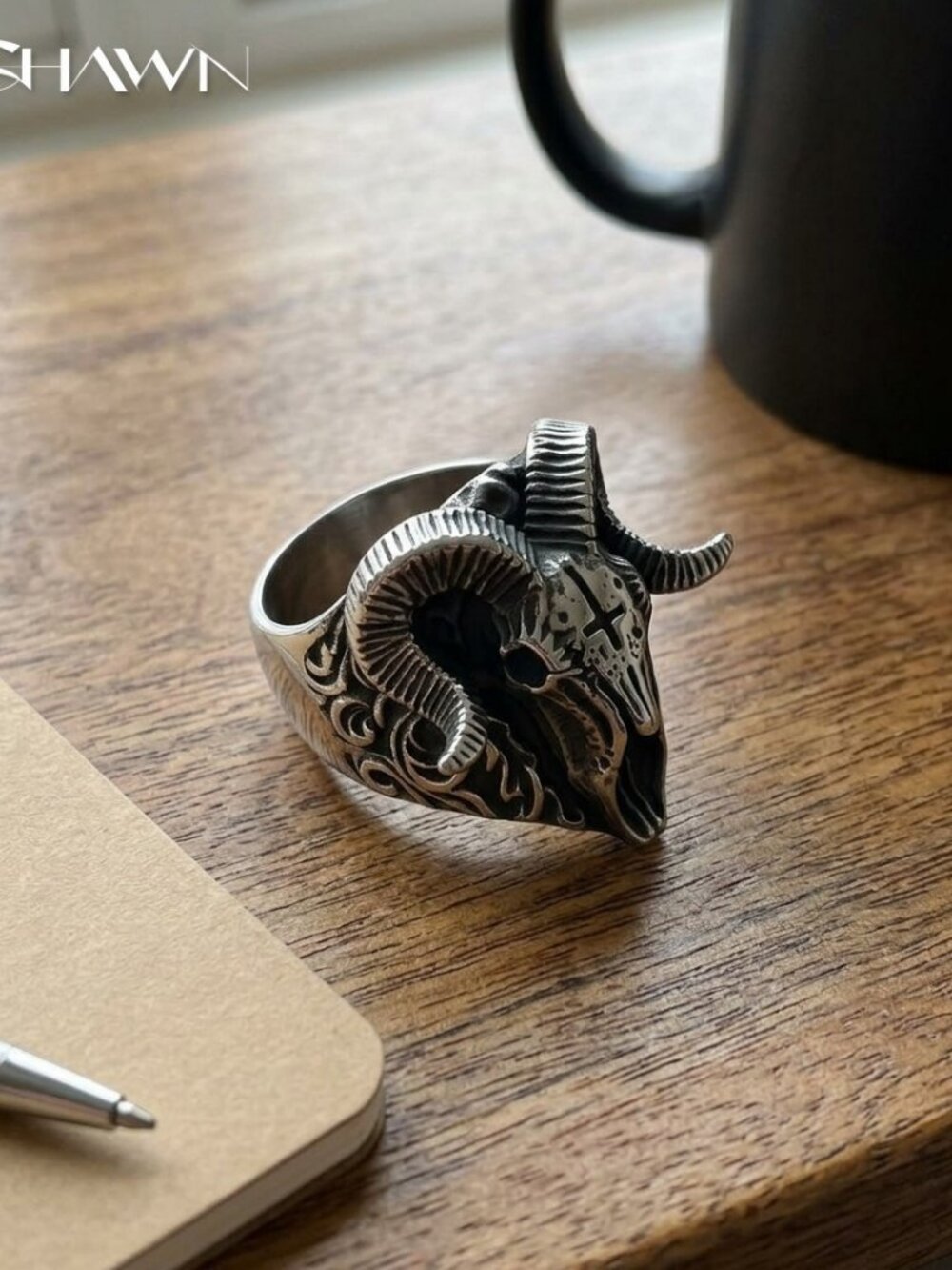 Mens Baphomet Ram Skull Gothic Ring